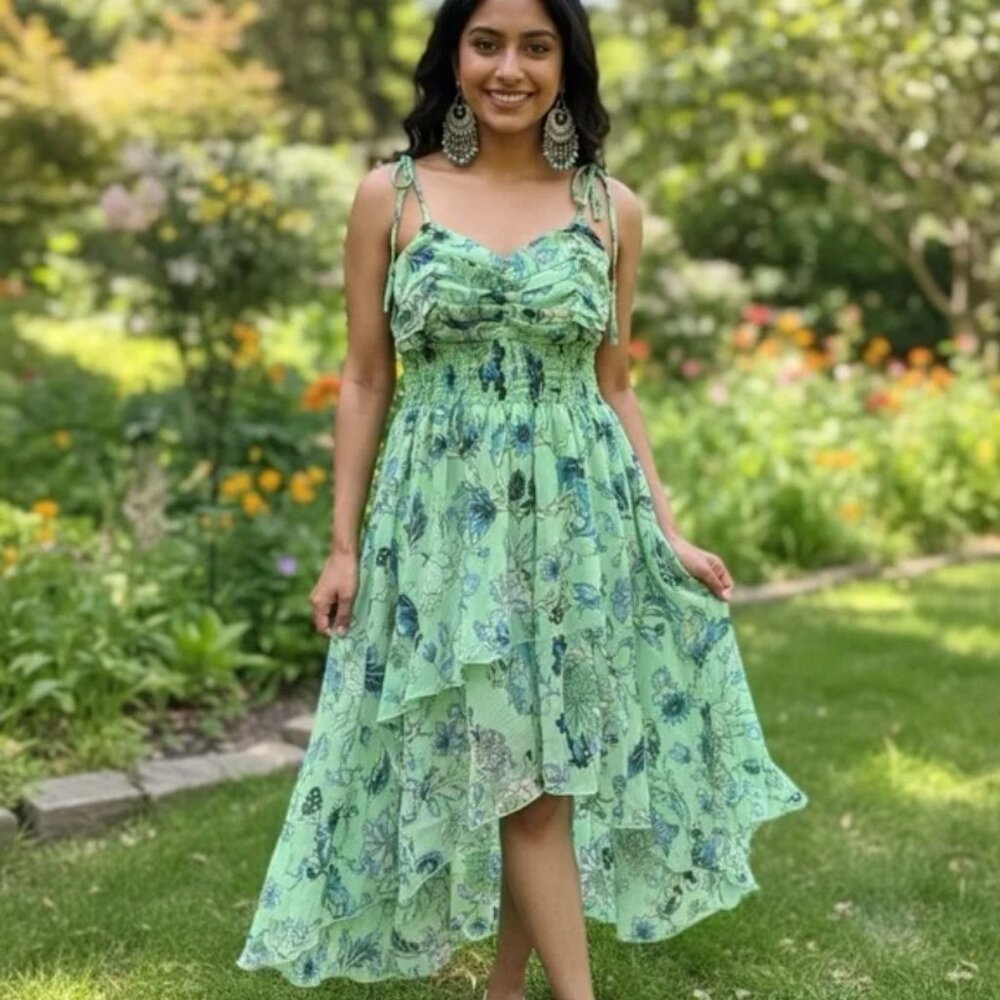 Chaudry Green Dress Asymmetrical Hem Layered Lightweight Y2K Tea Party Fairy